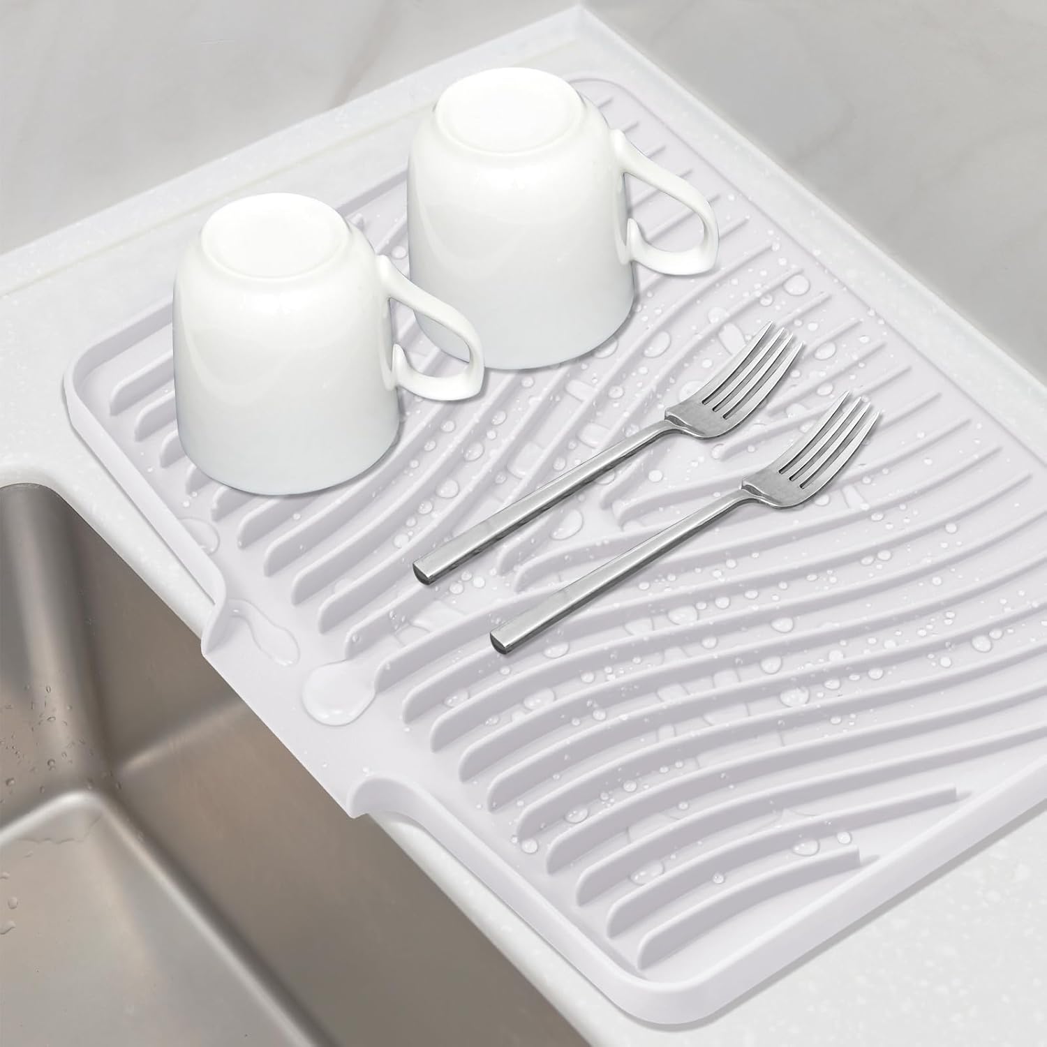 Silicone Dish Drying Mat for Kitchen Counter, Dish Drying Pad, Non-Slip Drain Pad with Built-in Drain, Heat Resistant Stone Drying Mat(Ivory-L 15.8" x 13")