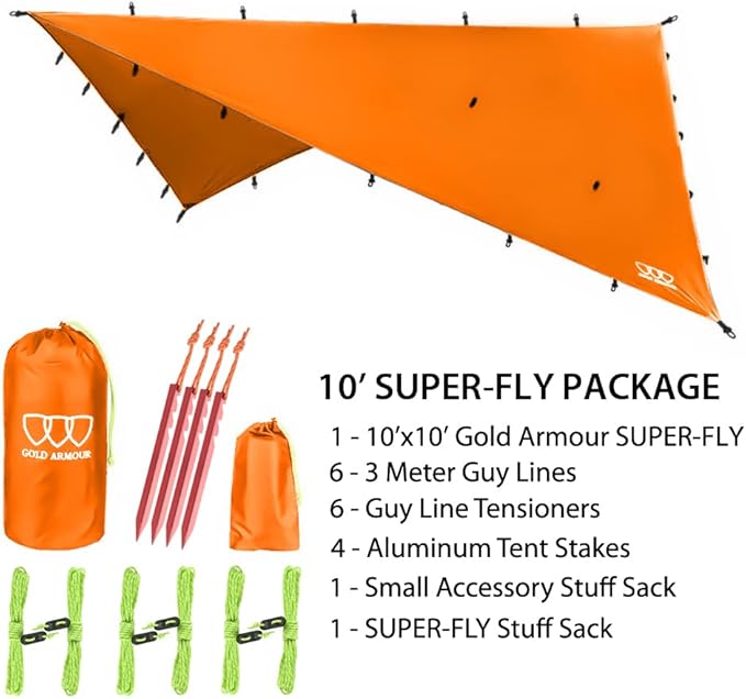 Gold Armour Rainfly Tarp Hammock, Premium 14.7ft/12ft/10ft/8ft Rain Fly Cover, Waterproof Ultralight Camping Shelter Canopy, Survival Equipment Gear Camping Tent Accessories (Orange 10ft x 10ft)
