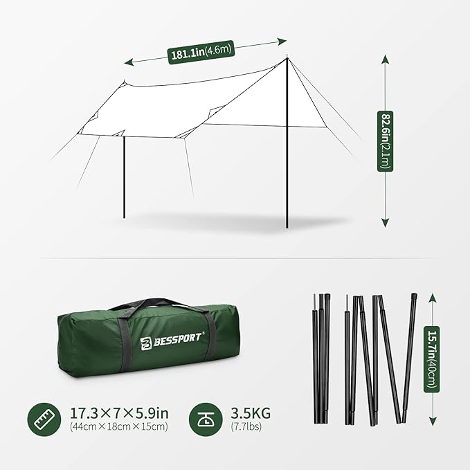 Bessport Camping Tarp, 169.8FT with 2 Poles, Lightweight Car Awning Sunshade, Portable Multifunctional Backpacking Rain Fly Hammock for Outdoor, Traveling