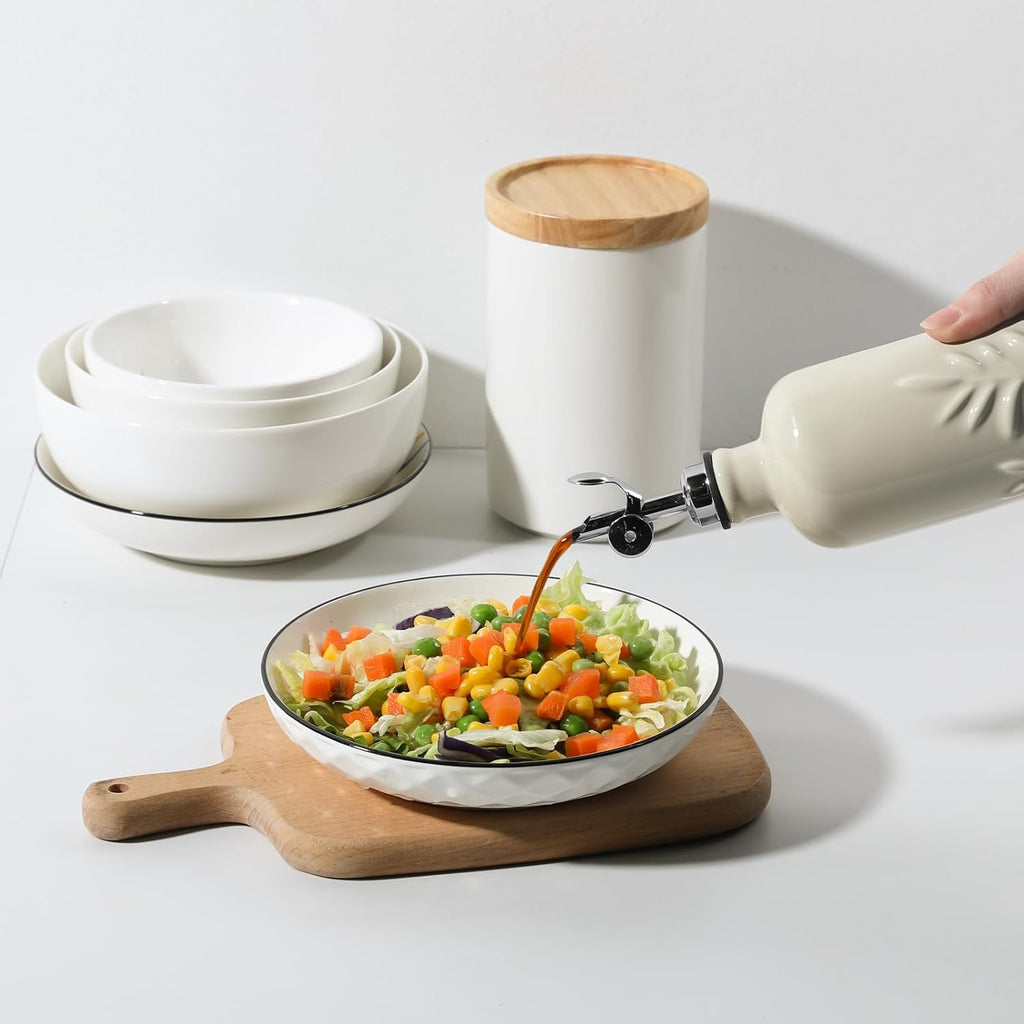 Sweejar 18 Oz Oil Dispenser for Kitchen with Gravity Spout, Ceramic Olive Oil Dispenser Bottle, Relief Opaque Vinegar Container for Evoo, Vinegar, Soy Sauce, Pack of 1(Beige, Silver Spout)