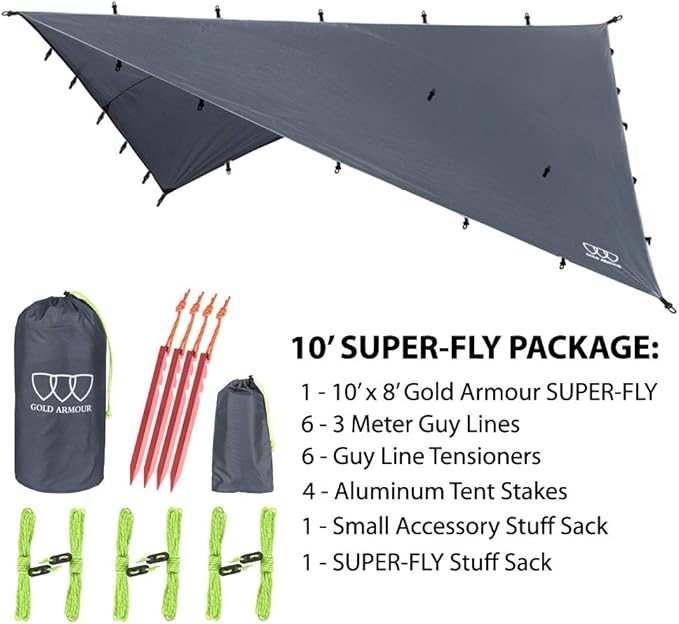 Gold Armour Rainfly Tarp Hammock, Premium 14.7ft/12ft/10ft/8ft Rain Fly Cover, Waterproof Ultralight Camping Shelter Canopy, Survival Equipment Gear Tent Accessories (Gray 10ft x 8ft)