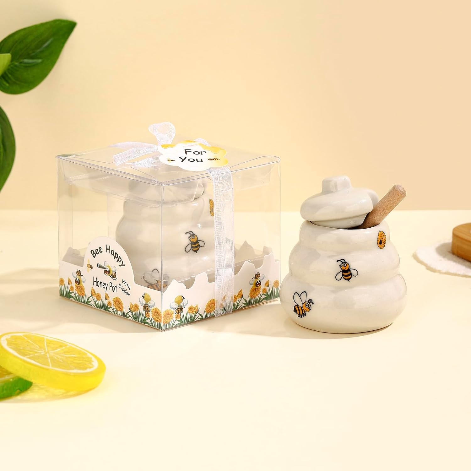 12 Sets Ceramic Bee-Happy Honey Pot with Dipper，Honey Jar Serving Set with Exquisiting Package for Wedding Favor,Bridal Shower Favor, Baby Shower Favor，Party Favor (12)