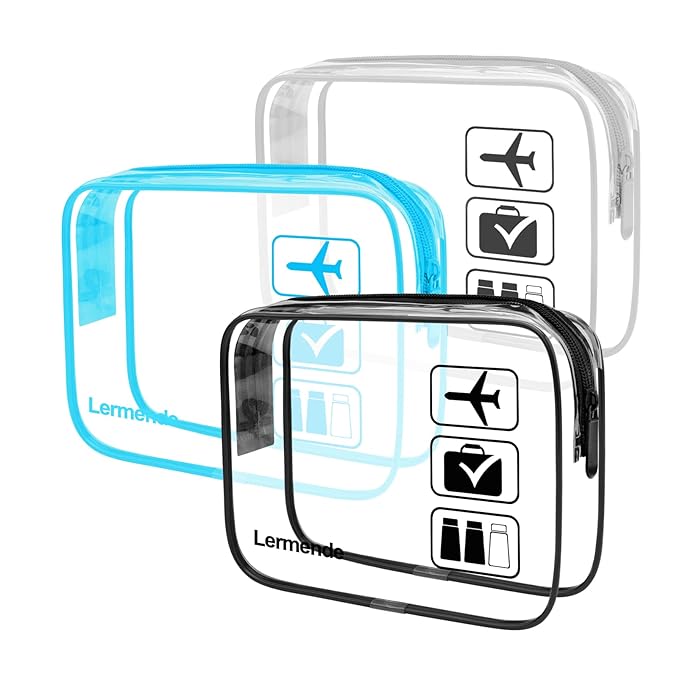 Lermende 2pcs Clear Toiletry Bag TSA Approved Travel Bag,Carry On for Travel,Airport Airline Accessories Compliant Bag,Quart Sized Makeup Cosmetic bag Women Men (Black Gray Blue, 3 Pack)