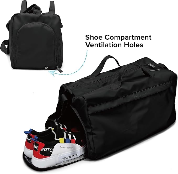Sports Gym Bag for Women, Travel Workout Duffel Bag Overnight Shoulder Bag with Shoes Compartment and Wet Pocket Lightweight Weekend Bag Waterproof Black