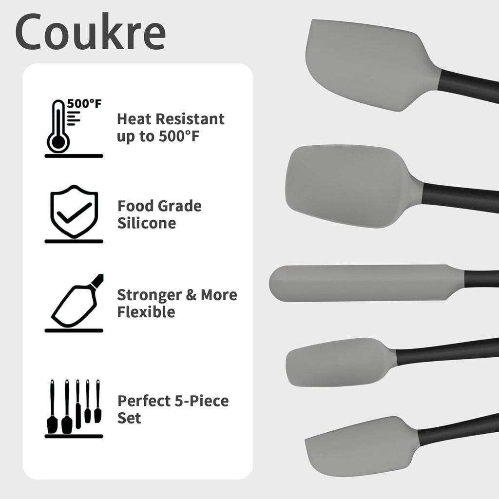 Coukre Silicone Spatula Set of 5,High Temperature Resistant, Food Grade Silicone, Dishwasher Safe, for Baking, Cooking (Gray)