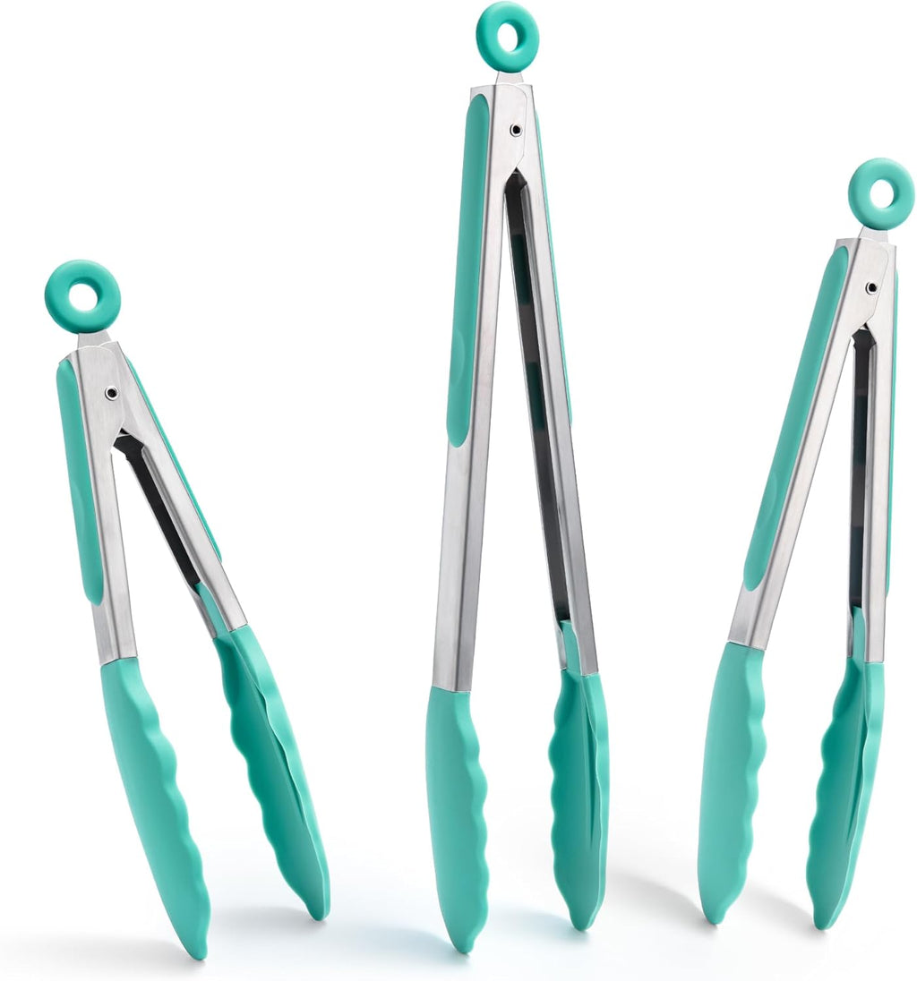 Doosu Kitchen Tongs for Cooking - 600°F Heat Resistant Food Tong Set with Non-Scratch Silicone Tips, Heavy Duty Stainless Steel Locking Tong for BBQ, Grilling Steak, Serving (7+9+12in, Aqua Sky)