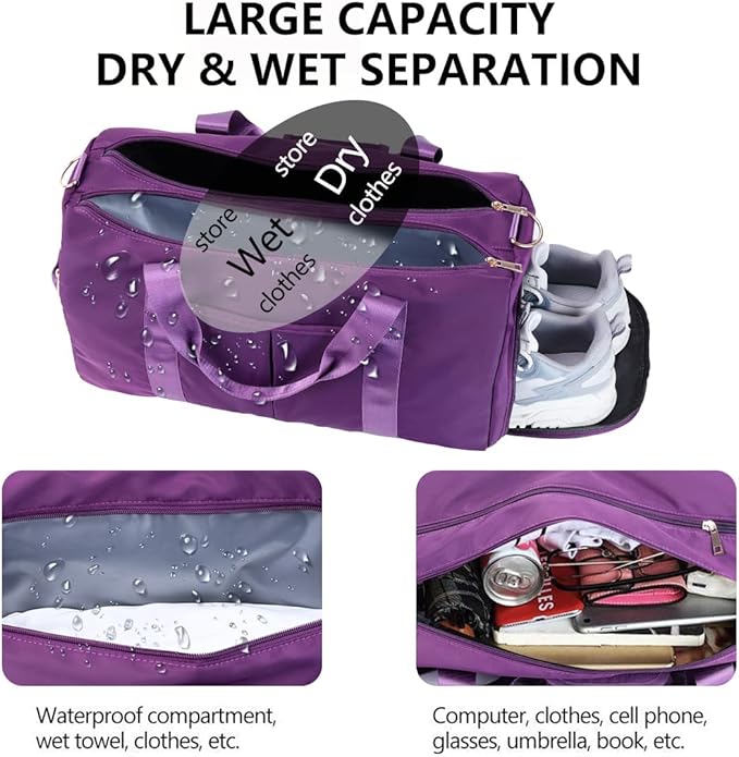 ICEIVY Gym Duffle Bag Dry Wet Separated Gym Bag Sport Duffle Bag Training Handbag Yoga bag with Extra Drawstring Backpack for man and women (Purple-Upgrade) Large
