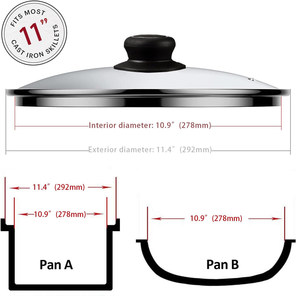 11 Inch Pan Lid Tempered Glass Pot Lid Replacement Glass Cover for 11" Cast Iron Skillets, Frying Pans, Pots and Wok, Heat Resistant Handle
