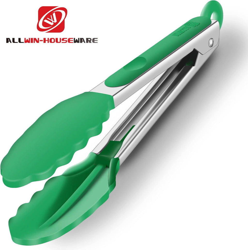 9-Inch & 12-Inch Premium Stainless Steel Food Tongs, Turquoise Silicone BPA Free Non-Stick BBQ Cooking Grilling Locking Kitchen Tong