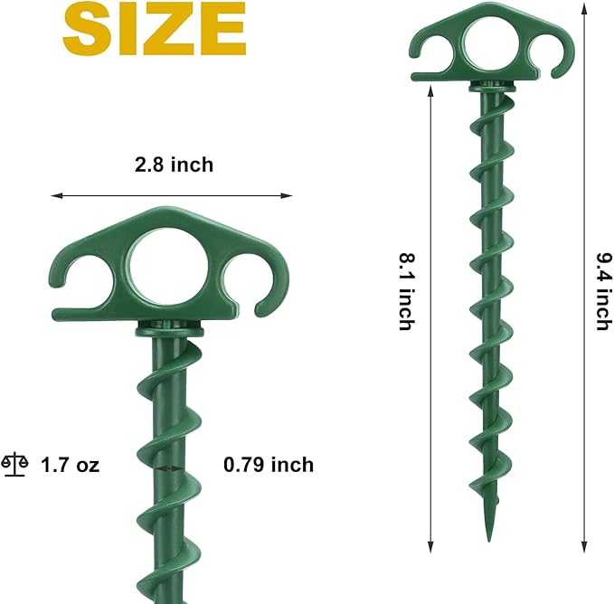 Tent Stakes Sand Stakes for Beach Tent 10 Pack Spiral Anchor Stakes 9.4 Inch Heavy Duty Screw Canopy Stakes for Camping, Hiking and More (10, Green)