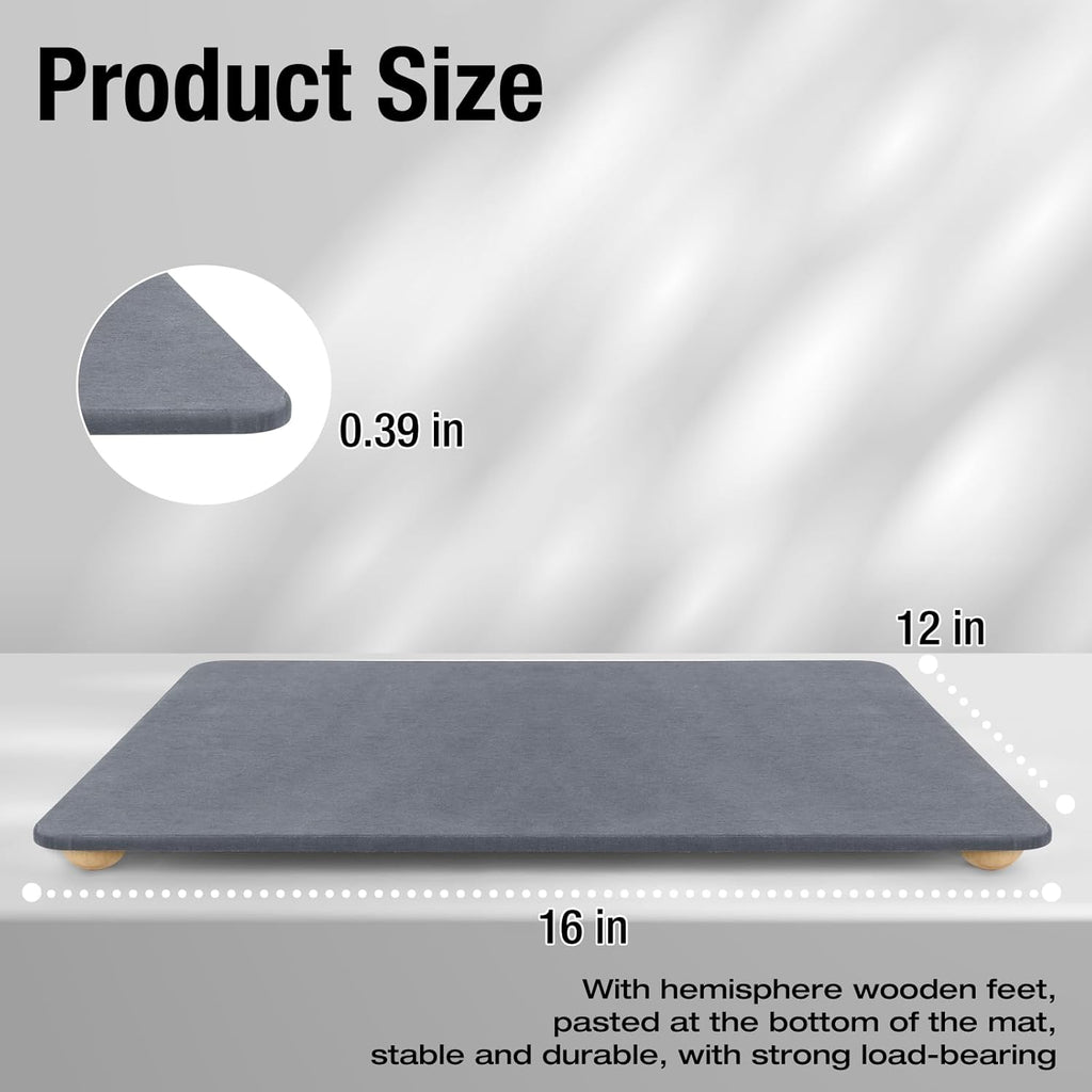 Stone Dish Drying Mat for Kitchen Counter, 16"×12" Quick Dry Super Absorbent Eco-Friendly Diatomaceous Earth Stone Mat with hemisphere wooden feet, Non-slip, Heat Resistant, Multi-purpose mats.