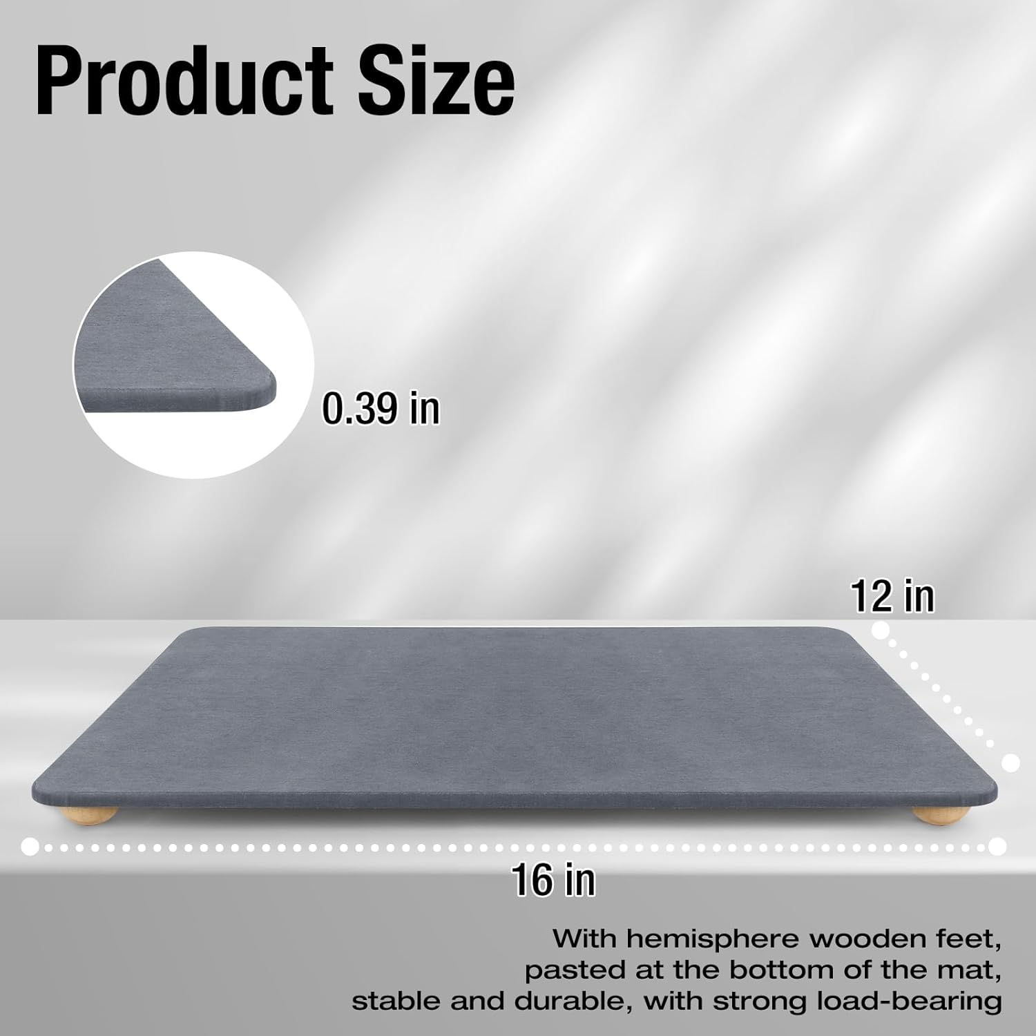 Stone Dish Drying Mat for Kitchen Counter, 16"×12" Quick Dry Super Absorbent Eco-Friendly Diatomaceous Earth Stone Mat with hemisphere wooden feet, Non-slip, Heat Resistant, Multi-purpose mats.