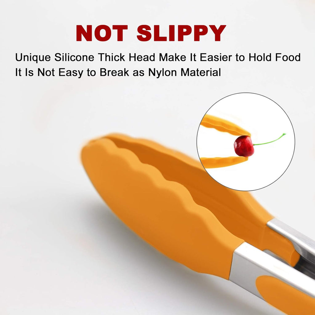 9-Inch & 12-Inch Premium Stainless Steel Food Tongs, Orange Silicone BPA Free Non-Stick BBQ Cooking Grilling Locking Kitchen Tong