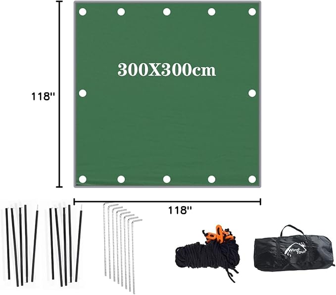 Wind Tour Portable Multifunctional Outdoor Camping Traveling Awning Backpacking Tarp Sunshade Lightweight UV Protection and PU 3000mm Waterproof Rain Fly Tarp Shelter (118 * 118 inches)