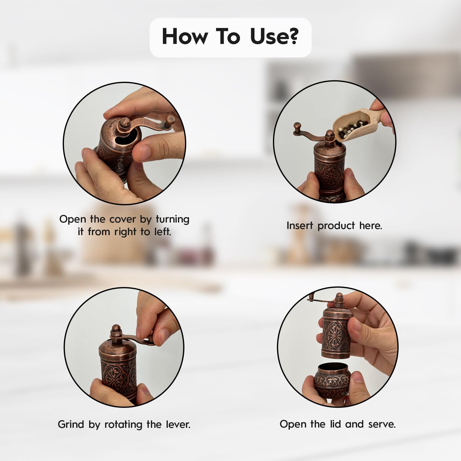 Handmade Decorative Black Pepper Grinder, Refillable Turkish Spice Mill Manual Pepper Mill with Handle, Spice Grinder Metal with Hand Crank 11 cm-4.3 inch