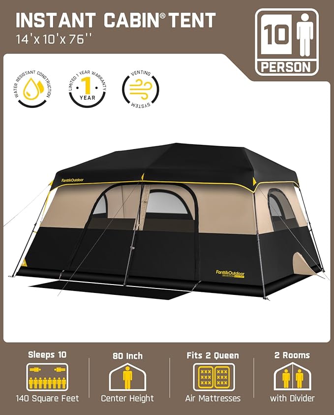 FanttikOutdoor Instant Cabin Tent 6/8/10/12 Person Camping Tent Setup in 60 Seconds with Rainfly & Windproof Portable with Carry Bag for Family Camping & Hiking, Upgraded Ventilation, Khaki