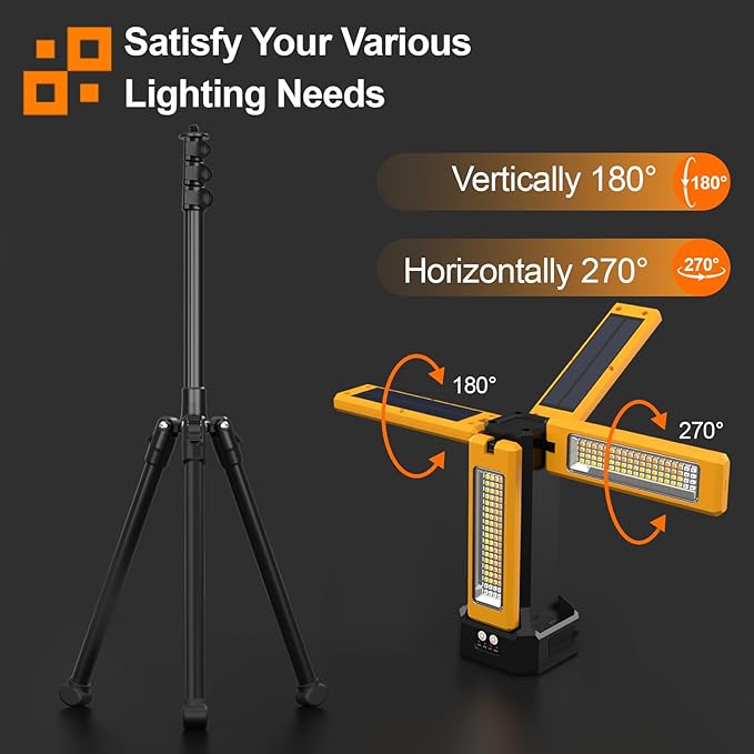 13200mAh Rechargeable Solar Work Light with Folding Stand Support and Portable Carrying Bag, 8000 Lumen Stepless Dimmable, 4 Lighting Modes, White/Warm/Warm White (Standard)