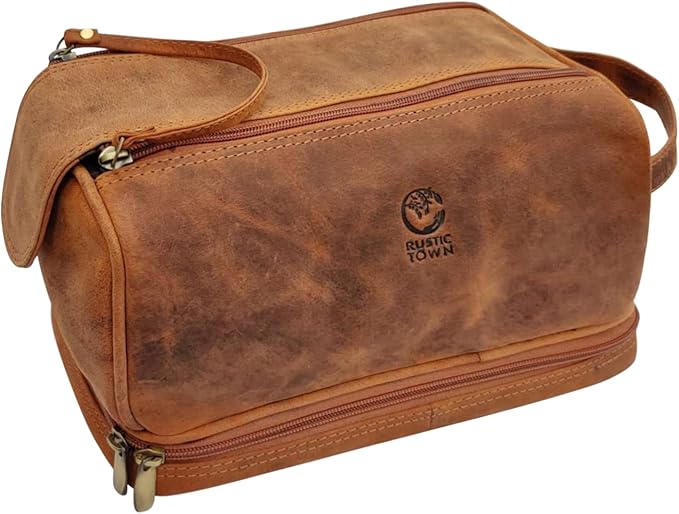 RusticTown Leather Toiletry Bag for Men - Travel Shaving Dopp Kit - Bathroom Shower Toiletries Organizer - Cosmetic Make up Bag for Women