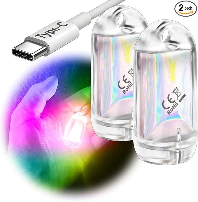 USB Mini LED Lantern, 2 Pack Waterproof EDC Keychain LED Flashlight for Camping, Type-C Rechargeable Battery Small Stick Lamp Puck Dog Collar Torch Light (7-Color Gradient+Red)