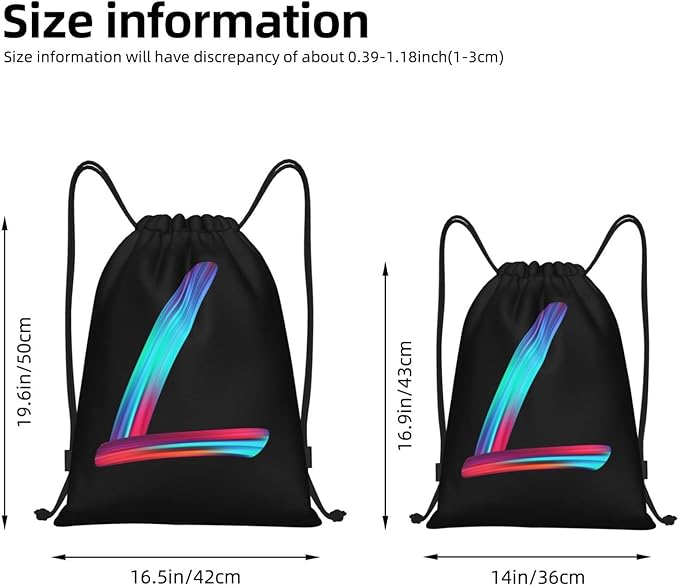Drawstring Bags Initial Drawstring Backpack Sackpack Black Draw String Cinch Bags for Sports, Gym, Travel, Swimming, Beach, Camping, Rainbow Letter L