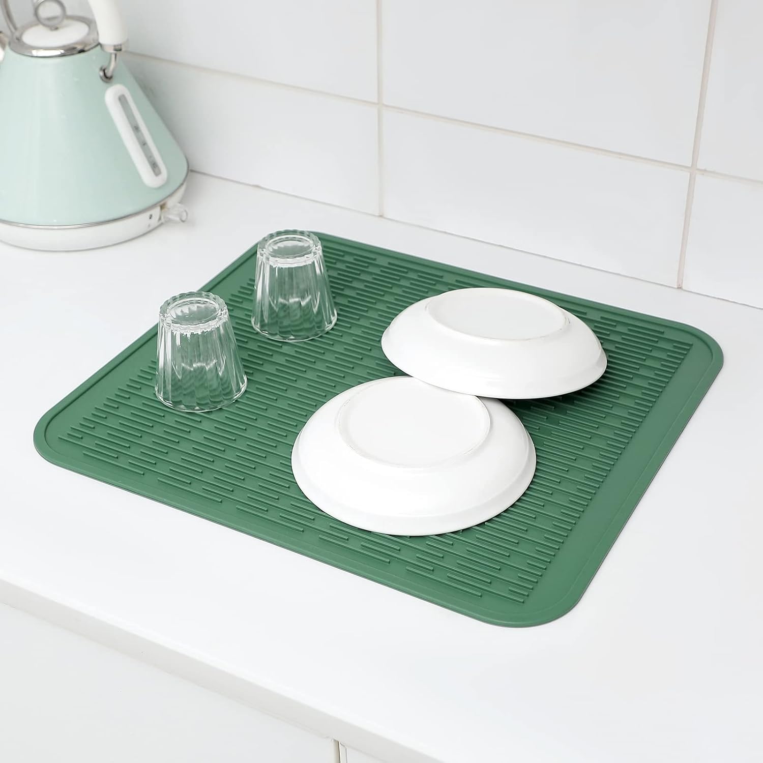 Silicone Dish Drying Mat for Multiple Usage,Easy clean,Eco-friendly,Heat-resistant Silicone Mat for Kitchen Counter or Sink,Refrigerator or Drawer Liner Green 2XL 24 inches x 18 inches