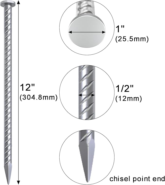 VVOKGO Rebar Stake 12 Inches Long 1/2 Inch Thickness Galvanized Cement Stakes Plant Support Garden Stakes, Metal Anchoring Landscape Spikes for Asphaltl, Caltrops Tire Spikes for Driveway(32Pcs)