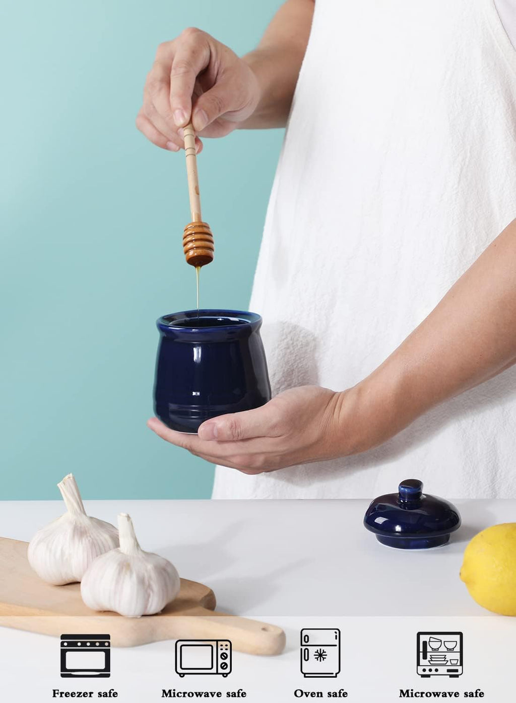 LEETOYI Porcelain Honey Jar with Lid and Dipper,Ceramic Honey pot,12oz (Navy)