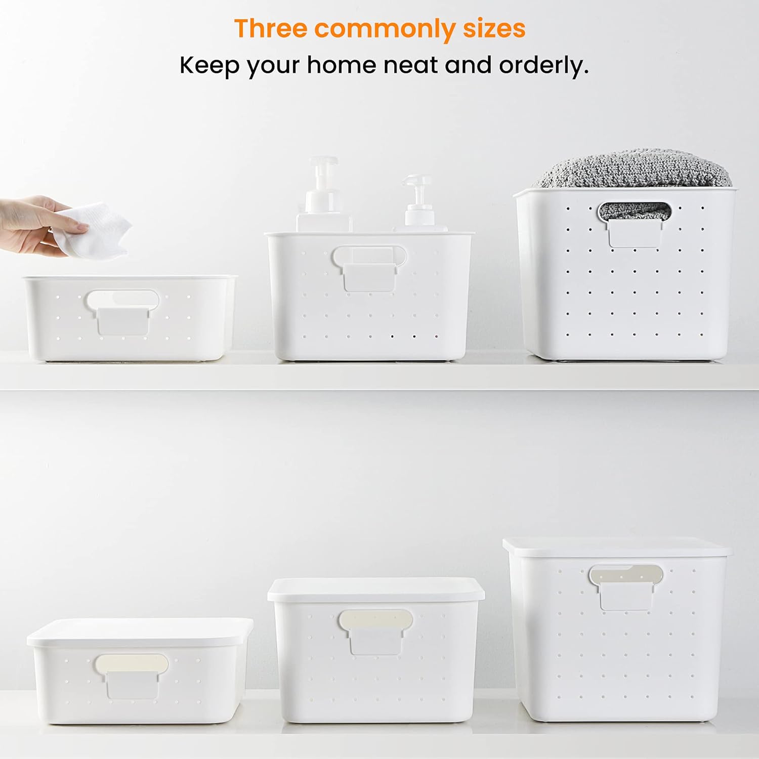 vacane 3 Pack Decorative Storage Bins with Lids, White Plastic Storage Basket for Organizing Stackable Storage Box with Handle on Closets,Classrooms,Offices