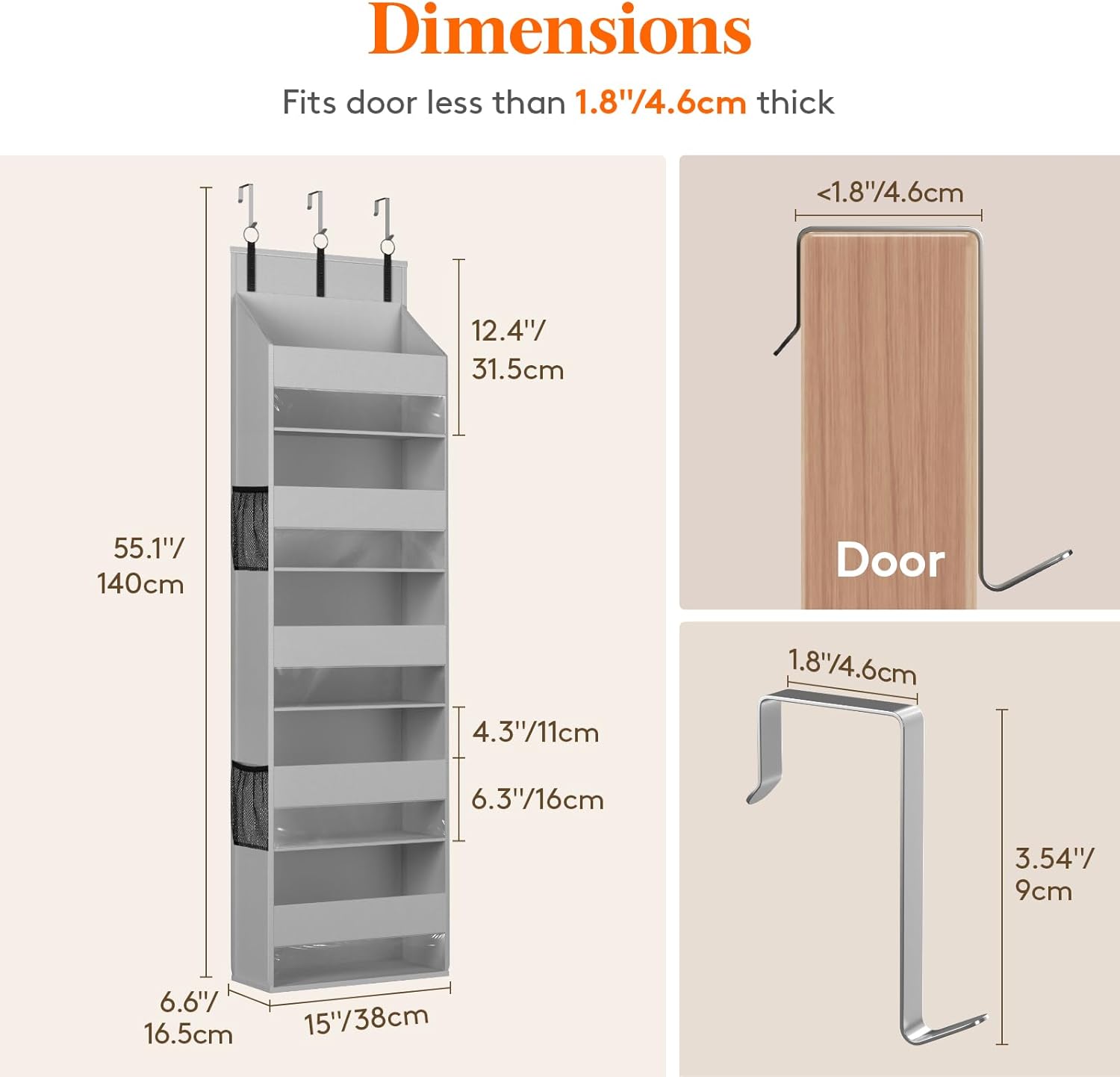 Lifewit 1 Pack Over the Door Organizer, 5 Shelf Clear Window Hanging Storage with 4 Mesh Side Pockets, Anti Tilt 40lbs Load Behind Door for Pantry, Nursery, Bathroom, Bedroom, Kitchen, Dorm,Light Grey