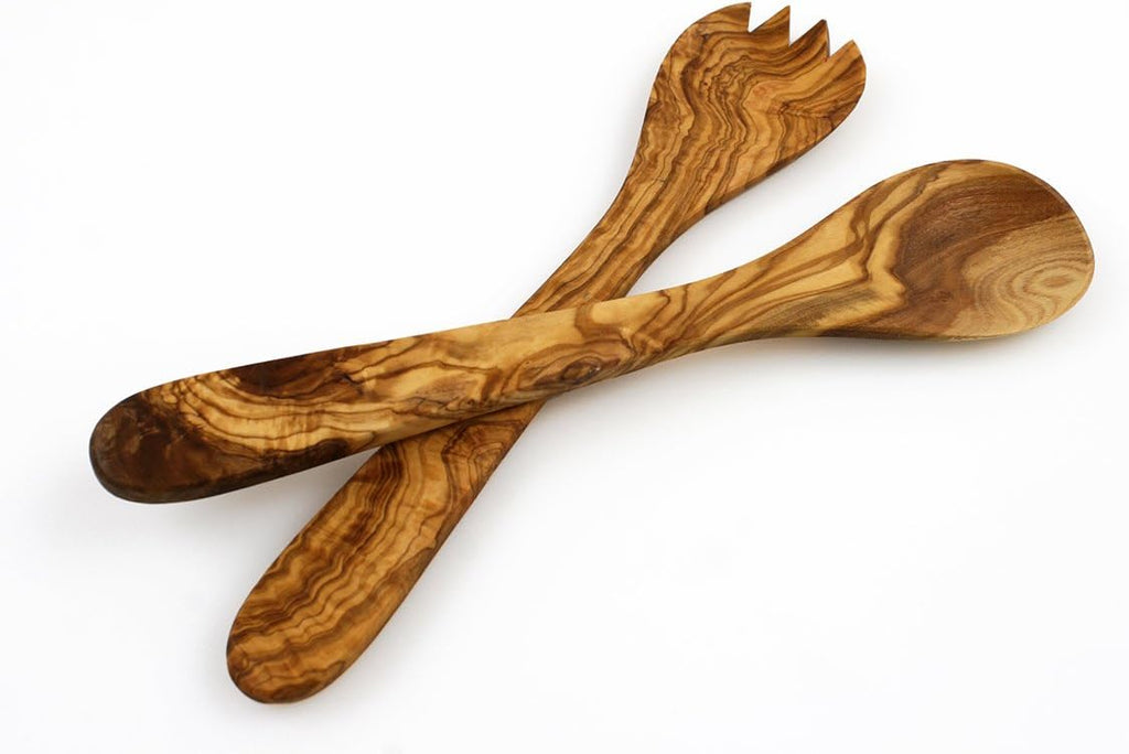 Tramanto Olive Wood Salad Server Set - 12 Inch Wooden Tongs - Rustic French Style