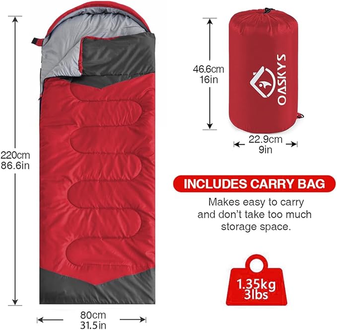 oaskys Camping Sleeping Bag - 3 Season Warm & Cool Weather - Summer Spring Fall Lightweight Waterproof for Adults Kids - Camping Gear Equipment, Traveling, and Outdoors