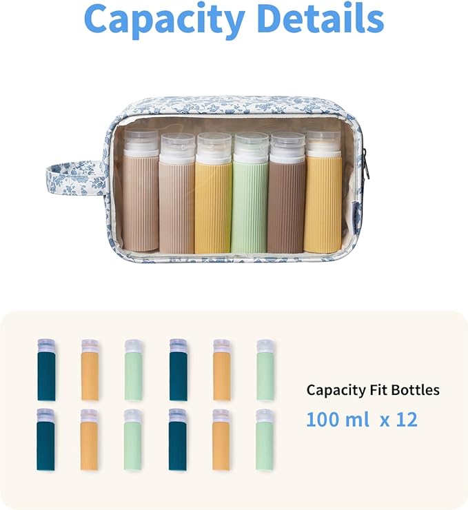 Narwey Clear Makeup Bag Cosmetic Bag with Zipper for Travel, Clear Toiletry Bags for Traveling Toiletries Women Men, Make Up Pouch with Handle, Skincare Bag (Little Blue Flower)