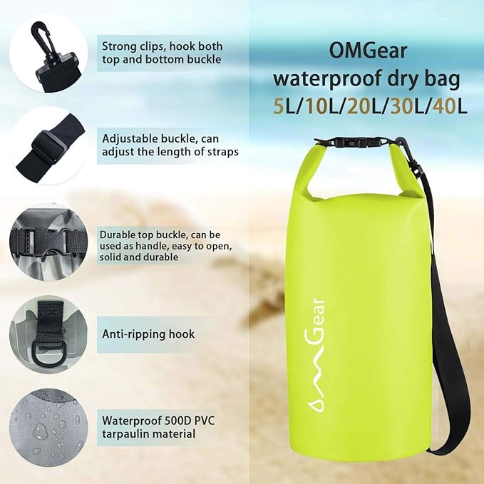 OMGear Waterproof Dry Bag Backpack Phone Pouch 40L/30L/20L/10L/5L Floating Dry Sack for Kayaking Boating Outdoors Activities