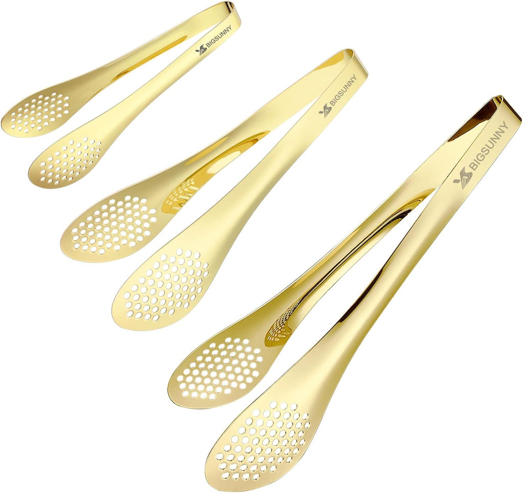 MSY BIGSUNNY Chef Kitchen Tongs Stainless Steel Food Serving Tongs Set of 3 (Golden 7" 9" & 11")