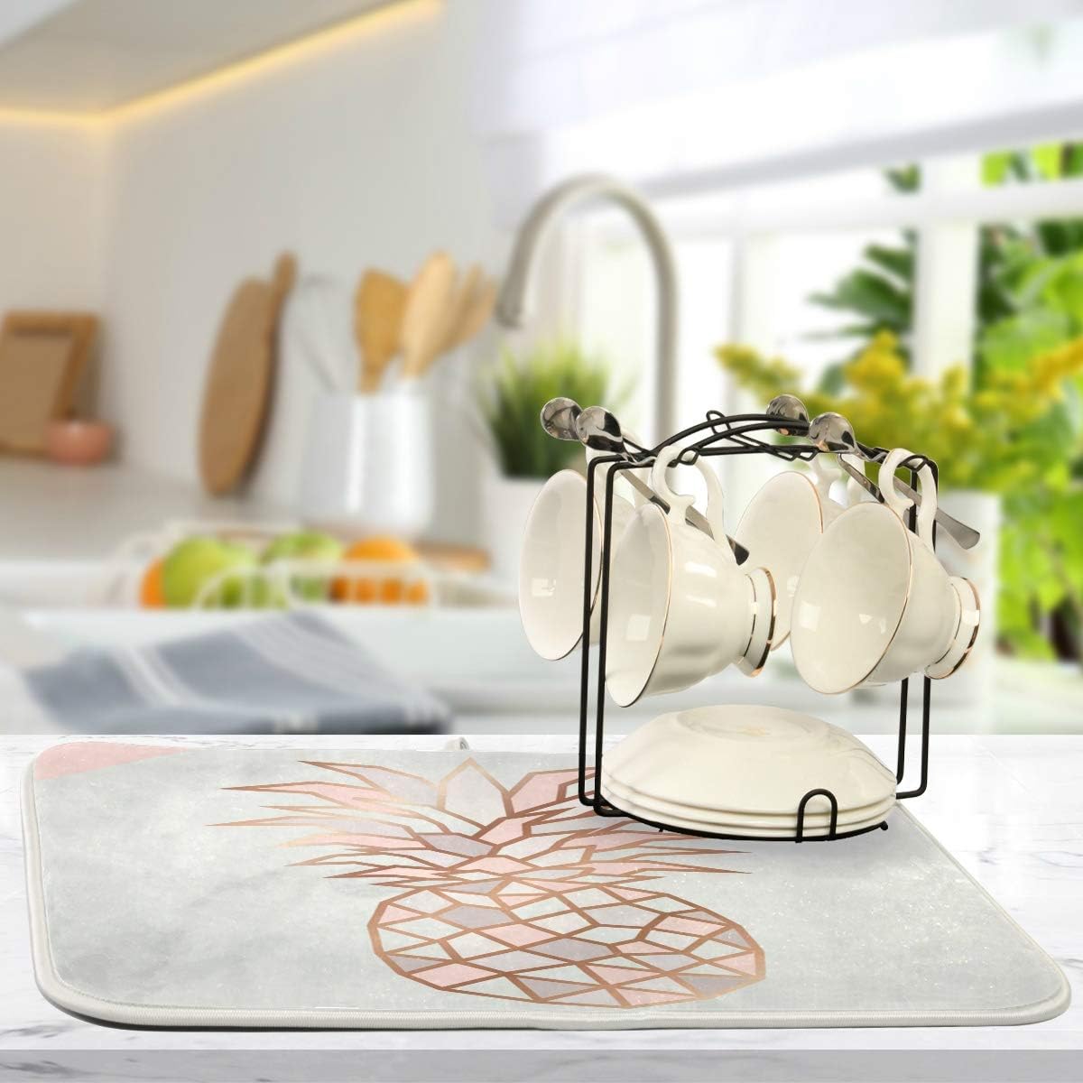 Super Absorbent Dish Drying Mat, Microfiber Fast-Drying Dish Mat, 24" x 18", Kitchen Dish Drying Pad, Rose Gold Pineapple On Pink And White Marble