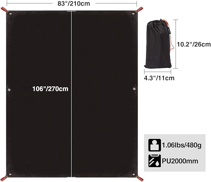 REDCAMP Ultralight Tent Footprint, PU 2000 Waterproof Camping Tent Tarp with Drawstring Carrying Bag for Ground Camping Hiking (106"x83" UL Black)