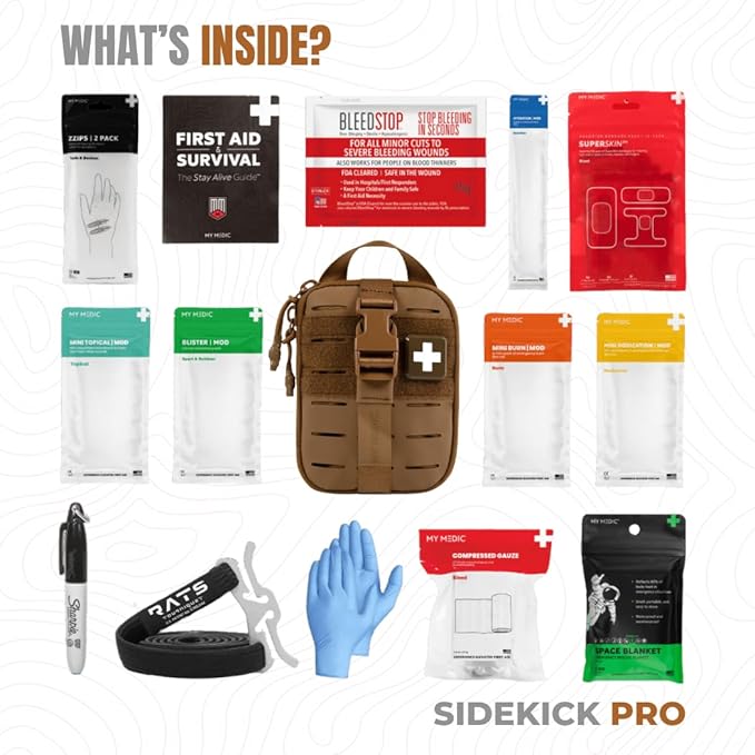My Medic Sidekick Pro - Camping Hiking and Backpacking First Aid Kit - 70 Items with Tourniquet - HSA and FSA Eligible - Small Ifak Great for Travel or Motorcycle - Portable Emergency Kit – Coyote