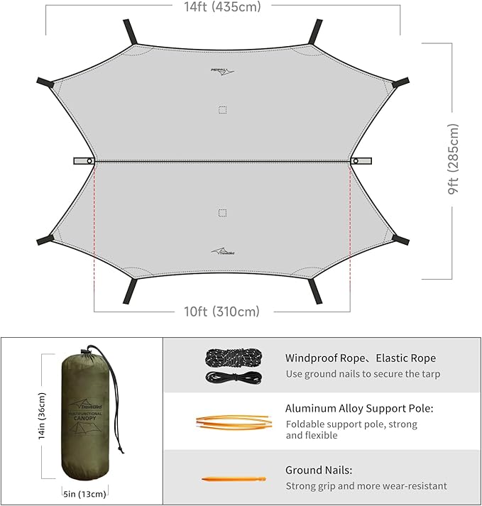 Ultralight Tarp, 14ft Hammock Rain Fly Lightweight Waterproof Camping Tent Tarp with Doors, Bushcraft Tarp Shelter for Backpacking Hiking Camping