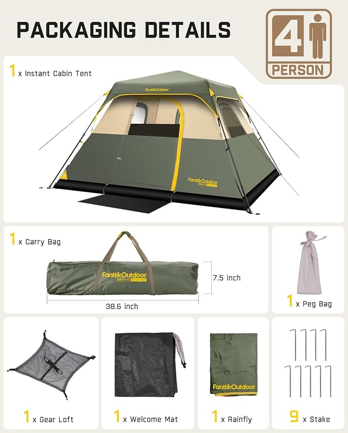 FanttikOutdoor Camping Tent 4/6/8/10 Person Instant Cabin Tent Setup in 60 Seconds with Rainfly & Windproof Portable with Carry Bag for Family Camping & Hiking, Upgraded Ventilation
