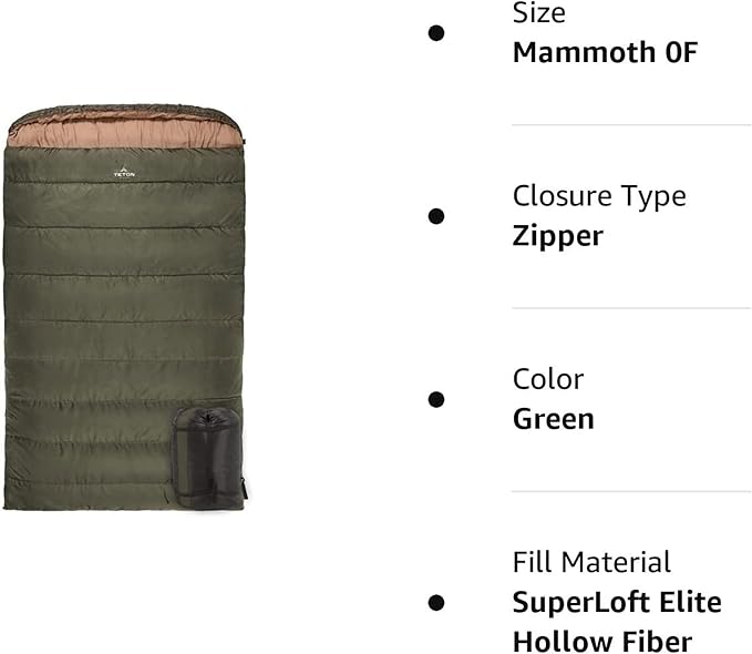 Teton Mammoth Queen Size Double Sleeping Bag- A Warm Bag The Whole Family can Enjoy – Great for Camping, Hunting and Base Camp. Compression Sack Included