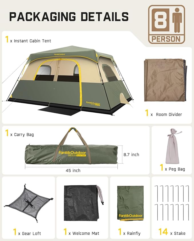 FanttikOutdoor Camping Tent 4/6/8/10 Person Instant Cabin Tent Setup in 60 Seconds with Rainfly & Windproof Portable with Carry Bag for Family Camping & Hiking, Upgraded Ventilation