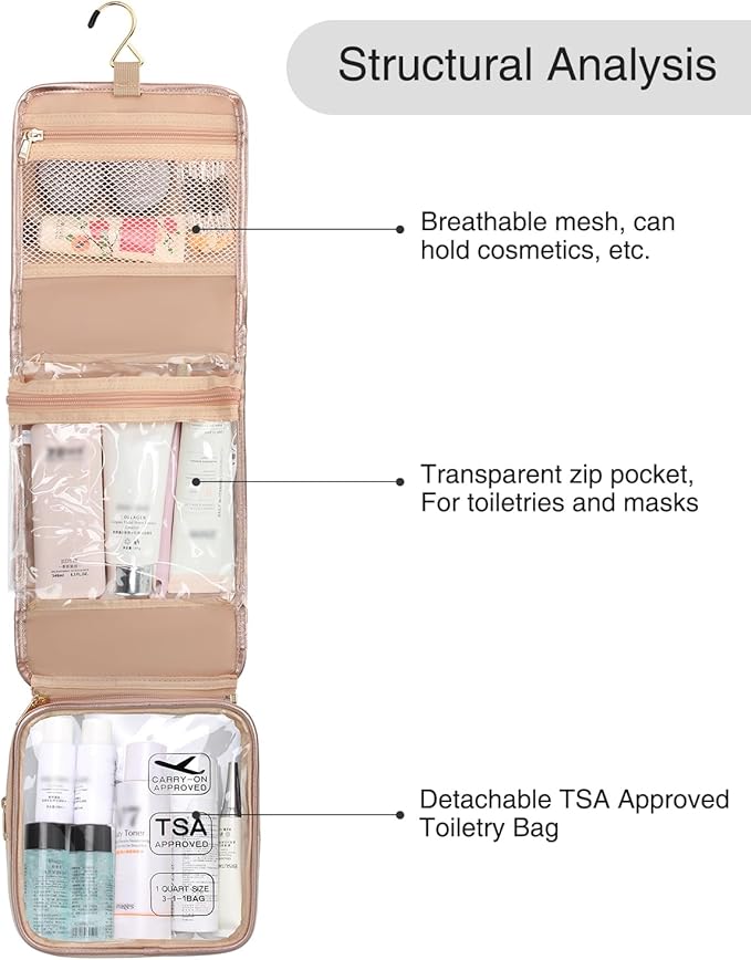 Hanging Toiletry Bag for Women with Tsa Approved Toiletry Bag, Travel Foldable Toiletries Bag, Roll up Cosmetics Jewelry Toiletry Bag, Water Resistant Makeup Organizer