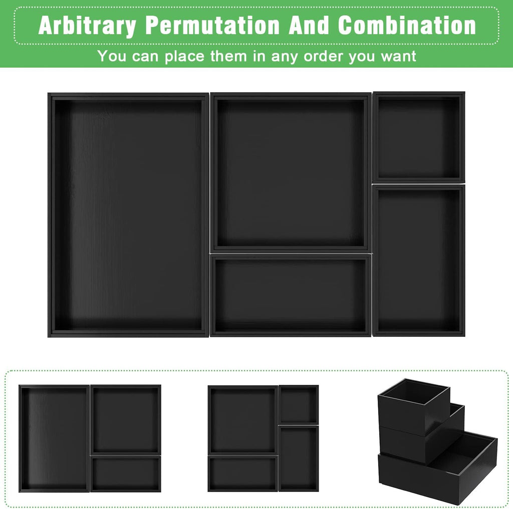Black Bamboo Bathroom Drawer Organizer, Wooden Kitchen Utensil Holder Set of 5, Stackable Junk Drawer Organizer Tray, Multi-Use Storage Bins Boxs Dividers for Home, Office, Clothing, Makeup, Jewelry