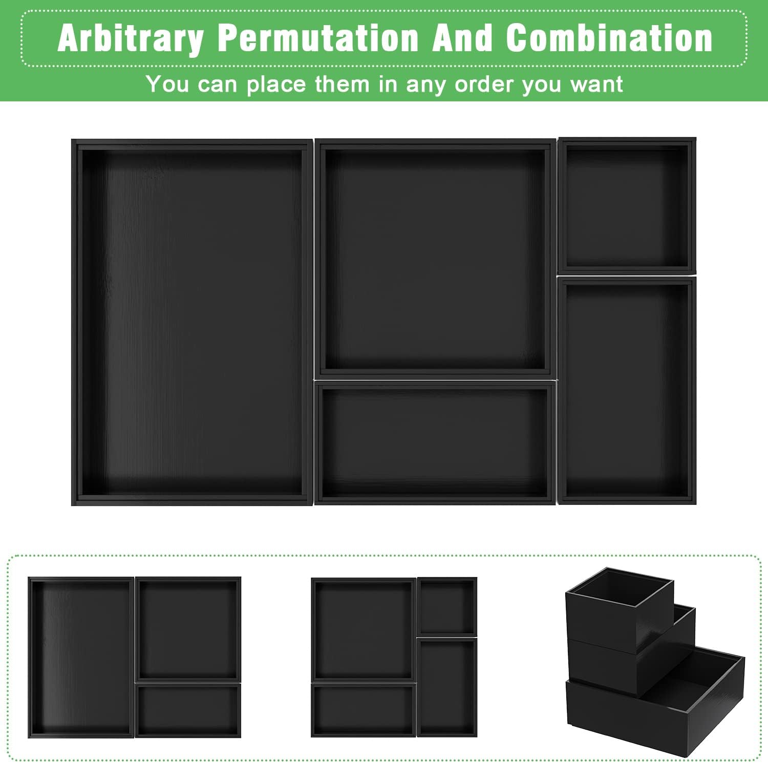 Black Bamboo Bathroom Drawer Organizer, Wooden Kitchen Utensil Holder Set of 5, Stackable Junk Drawer Organizer Tray, Multi-Use Storage Bins Boxs Dividers for Home, Office, Clothing, Makeup, Jewelry