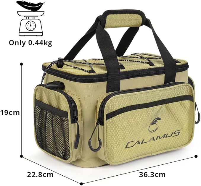 Calamus Fishing Tackle Bags - Fishing Bags for Saltwater or Freshwater Fishing - Rip-Stop PE - Padded Shoulder Strap - Pliers Storage -Khaki