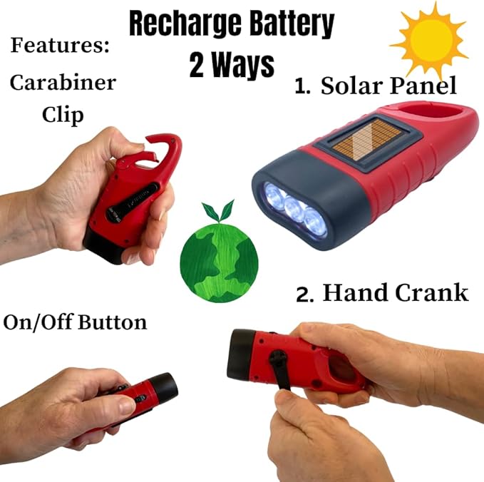 Evelots Hand Crank Solar Powered Flashlights ( 4 Pack ) Rechargeable Emergency Survival Flashlight for Camping , Car - Easy 3 LED Bright Light for Hiking , Outdoor Sports , Home Power Outage