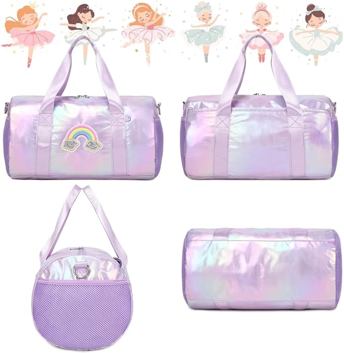 Dance Bag for Girls Dancers Ballet Bag Shiny Rainbow Sports Duffle Bag for Girls Ballerina Gym Duffle with Waterproof Dry Wet Separated Compartment