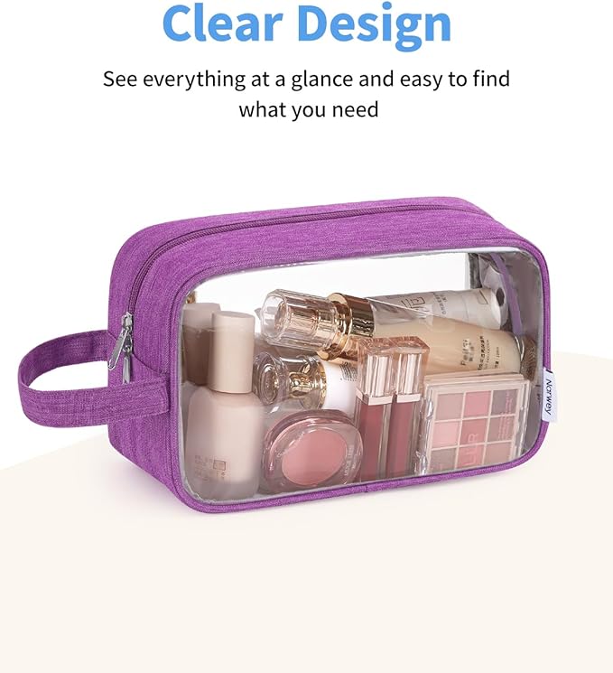 Narwey Clear Travel Toiletry Bags for Traveling Toiletries Men Women, Clear Makeup Bag Cosmetic Bag with Zipper, Make Up Pouch Organizer Bags with Handle, Skincare Bag (Purple)