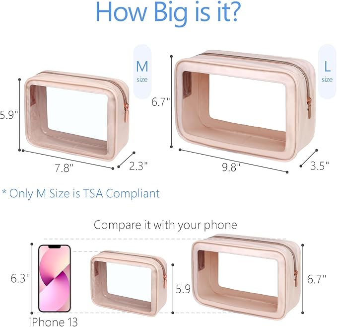 PACKISM TSA Approved Toiletry Bag - 2 Pack Upgrade Color-Edged Clear Makeup Bag, Clear Toiletry Bag For Traveling Fits Various Storage Needs, Pink (2 Sizes)