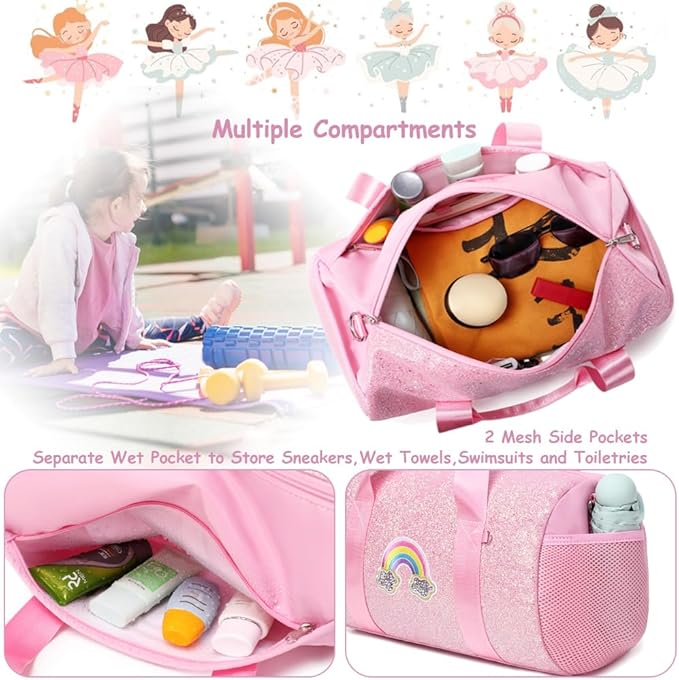 Dance Bag for Girls Ballet Bag Shiny Rainbow Glitter Sports Duffle Bag for Kids Girls Ballerina Duffle with Waterproof Dry Wet Separated Compartment